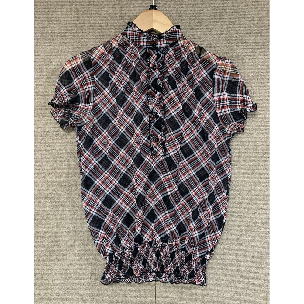 Sam & Max Tartan Plaid Lagenlook Top Witchy Goth Sheer Ruffles School Retro Sm